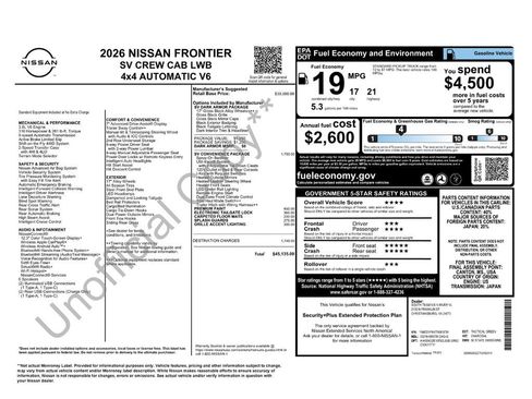 New 2026 Nissan Frontier SV w/ SV Convenience Package AWD/4WD image 2