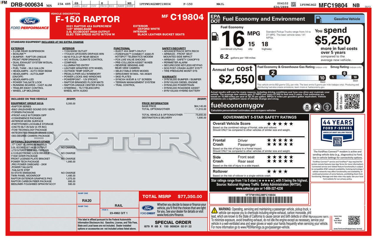 Used 2021 Ford F150 Raptor w/ Equipment Group 801A High AWD/4WD image 38