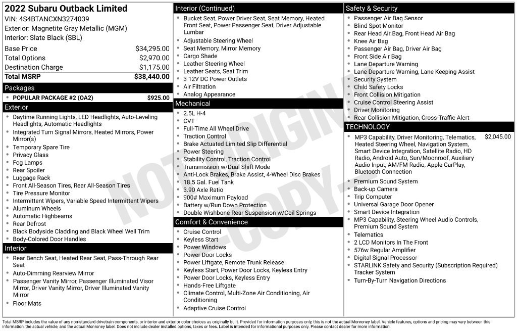 Certified 2022 Subaru Outback Limited w/ Popular Package #2 AWD/4WD image 6