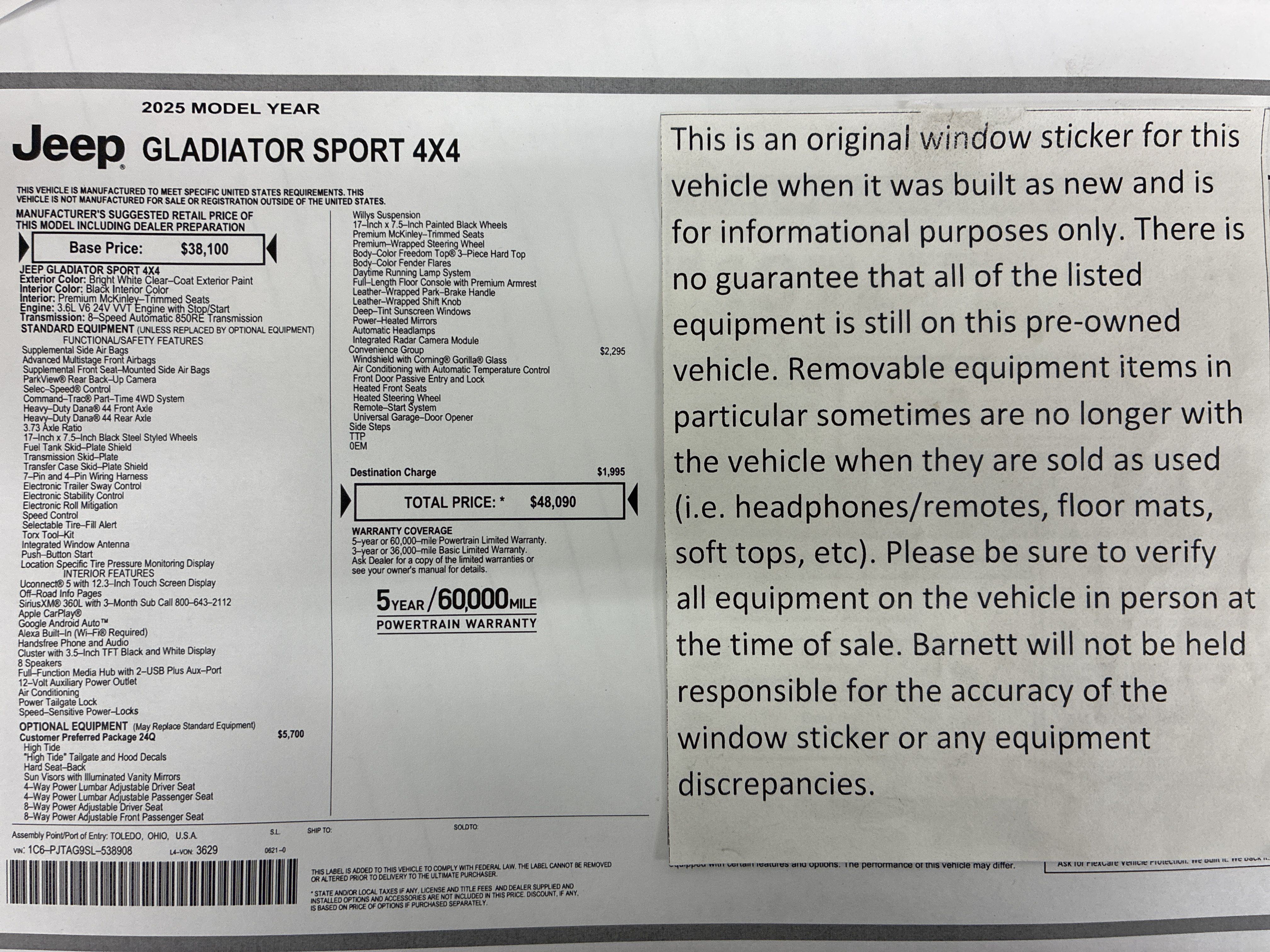 Certified 2025 Jeep Gladiator Sport AWD/4WD image 2