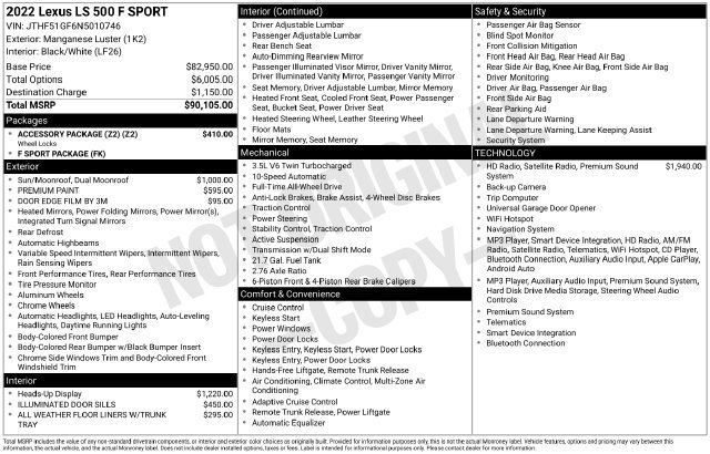 Certified 2022 Lexus LS 500 F Sport w/ Accessory Package (Z2) AWD/4WD image 42