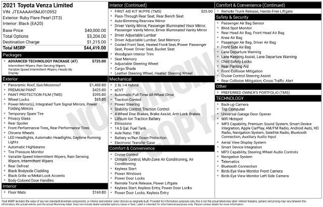 Used 2021 Toyota Venza Limited w/ Advanced Technology Package AWD/4WD image 2