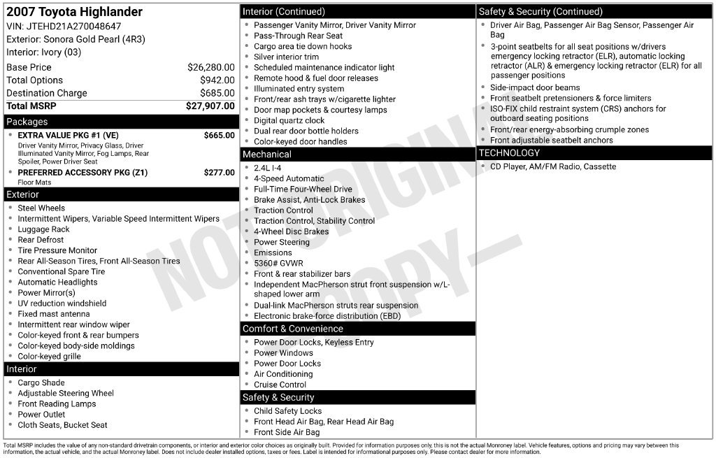 Used 2007 Toyota Highlander 4WD w/ Extra Vlaue Pkg #1 image 2