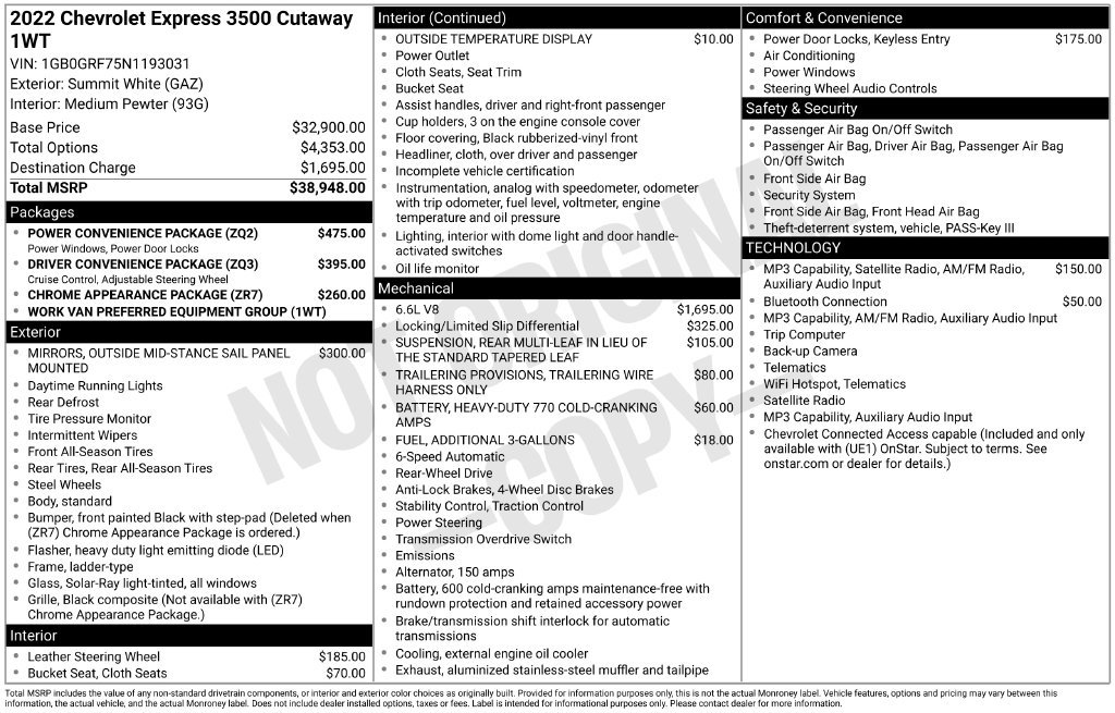 Used 2022 Chevrolet Express 3500 w/ Power Convenience Package RWD image 2