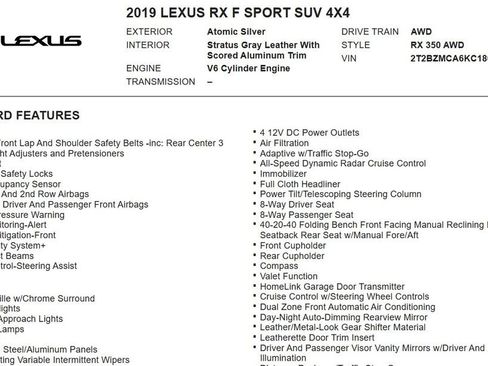 Used 2019 Lexus RX 350 F Sport w/ Navigation Package AWD/4WD image 20