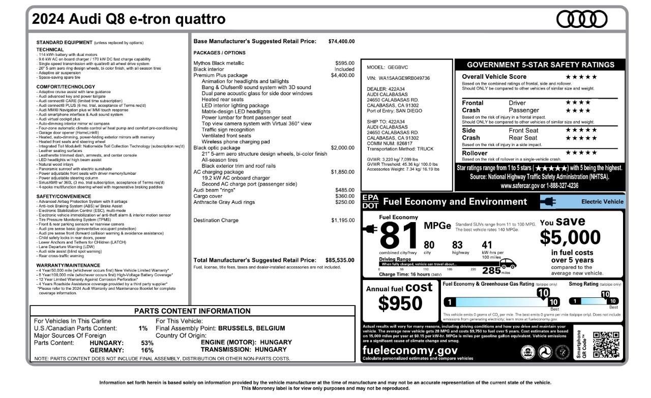 Used 2024 Audi Q8 e-tron Premium Plus w/ Premium Plus Package AWD/4WD image 3