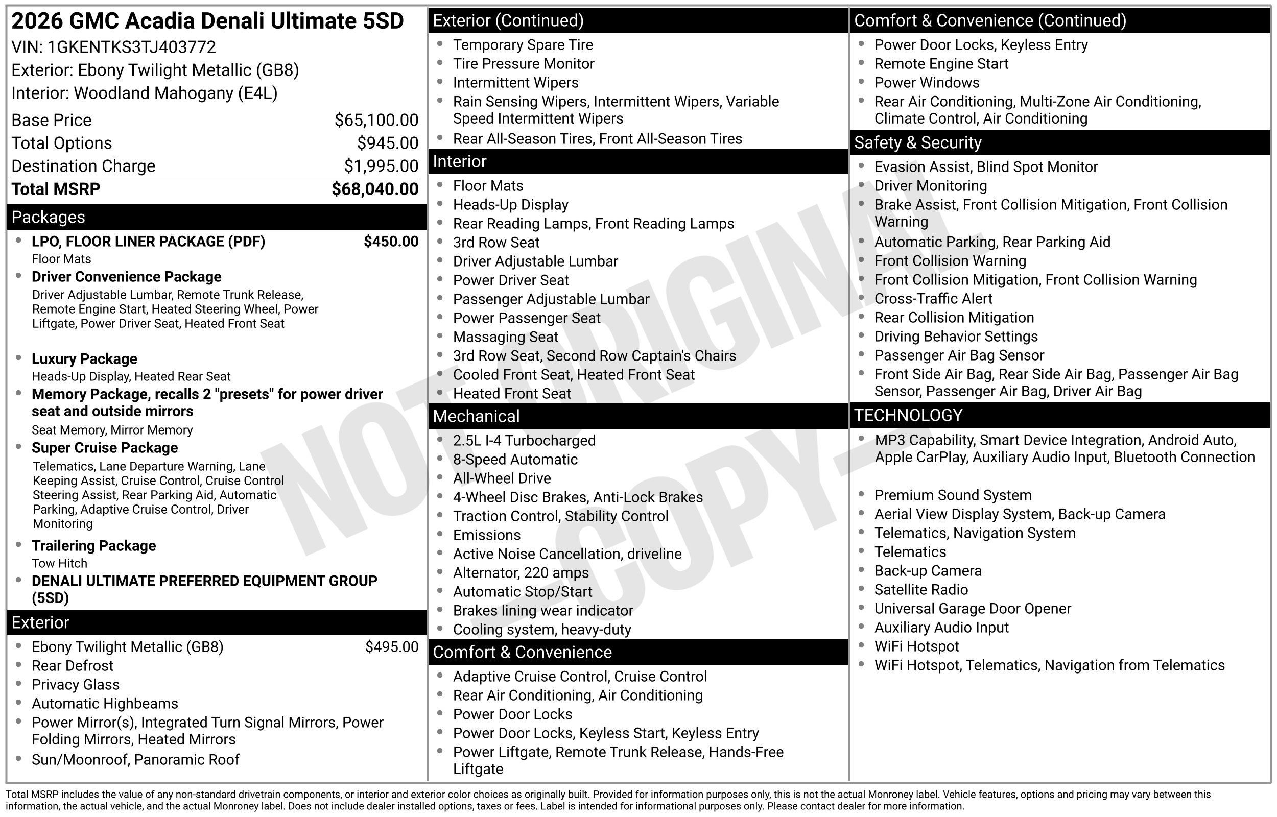 New 2026 GMC Acadia Denali Ultimate w/ LPO, Floor Liner Package AWD/4WD image 52