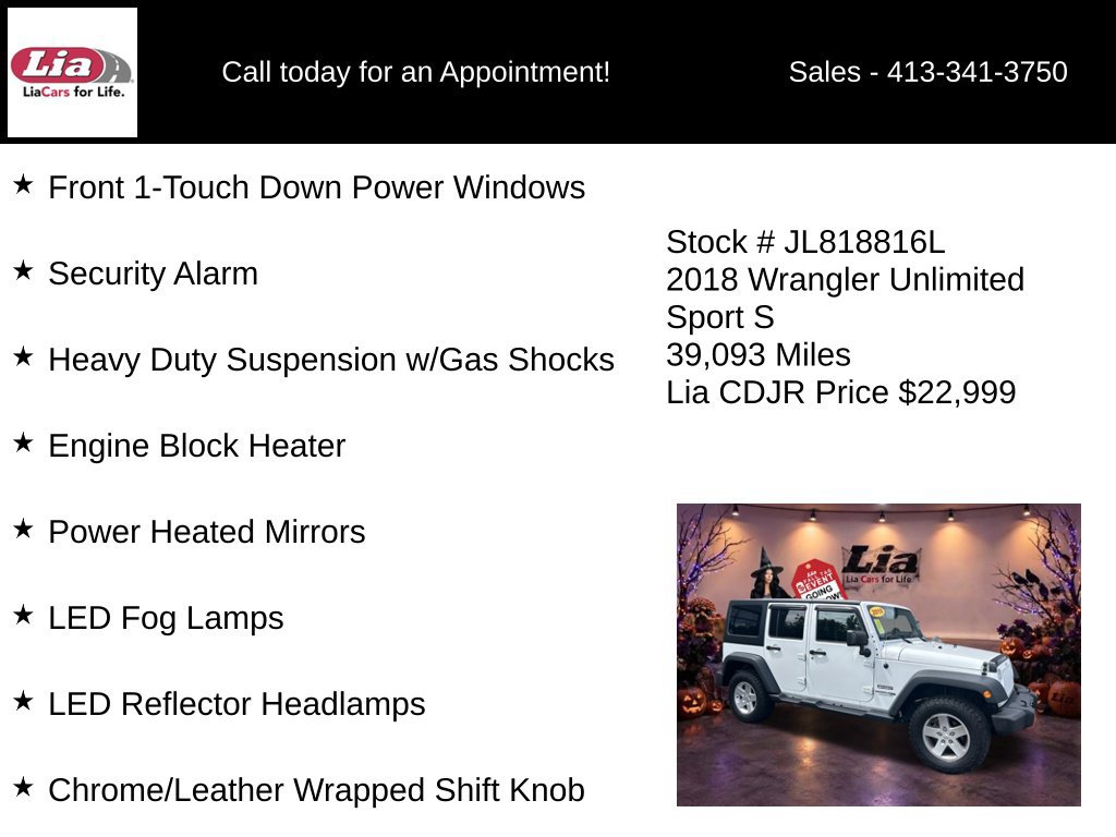 Certified 2018 Jeep Wrangler Unlimited Sport S AWD/4WD image 21
