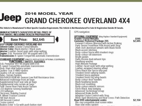 Used 2016 Jeep Grand Cherokee Overland w/ Advanced Technology Group image 2