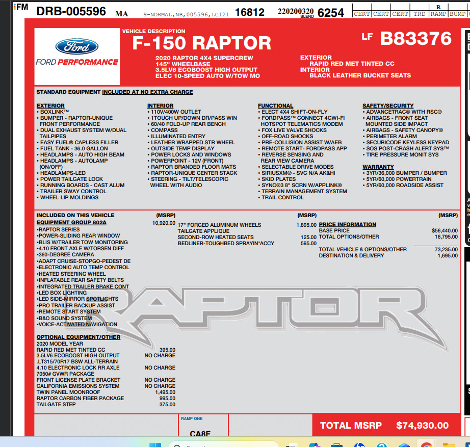 Used 2020 Ford F150 Raptor w/ Equipment Group 802A Luxury AWD/4WD image 4