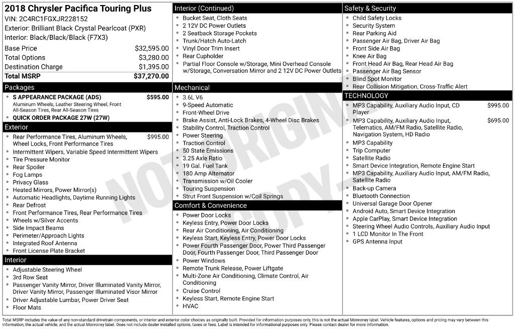 Used 2018 Chrysler Pacifica Touring Plus w/ S Appearance Package FWD image 1