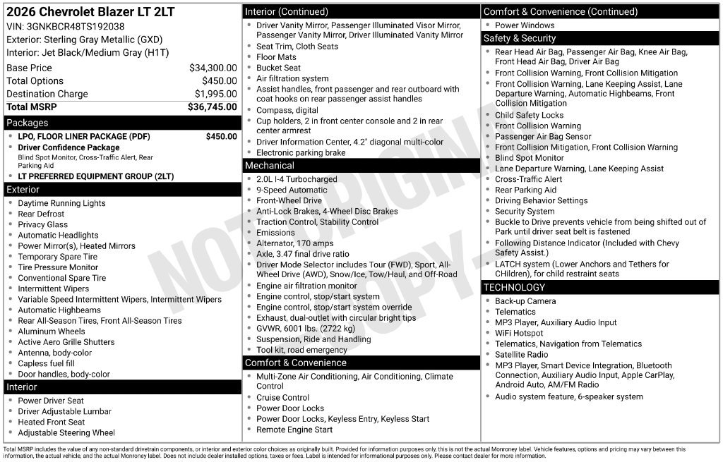 New 2026 Chevrolet Blazer LT w/ LPO, Floor Liner Package FWD image 34