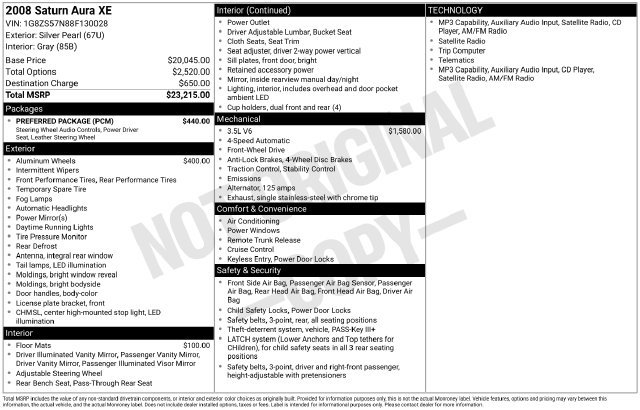 Used 2008 Saturn Aura XE w/ Preferred Package FWD image 10