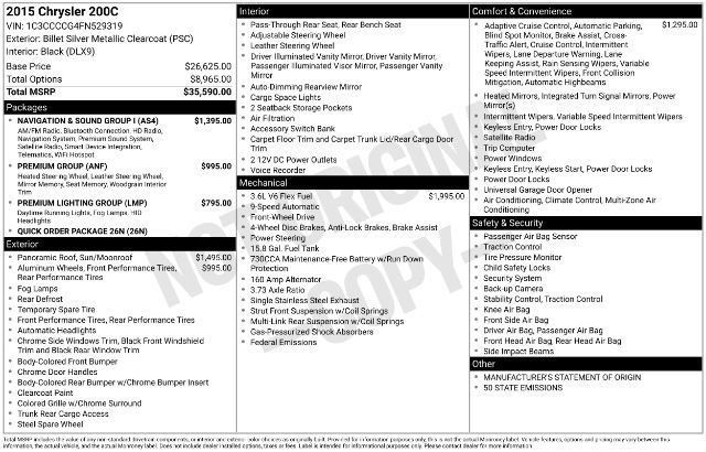 Used 2015 Chrysler 200 C w/ Navigation & Sound Group I FWD image 1