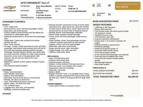 Used 2015 Chevrolet Trax LT w/ LPO, Protection Package FWD image 2