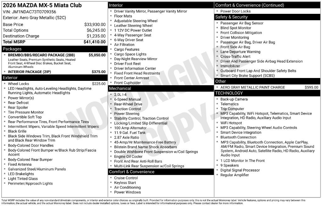 New 2026 MAZDA MX-5 Miata Club w/ Brembo/BBS/Recaro Package RWD image 2