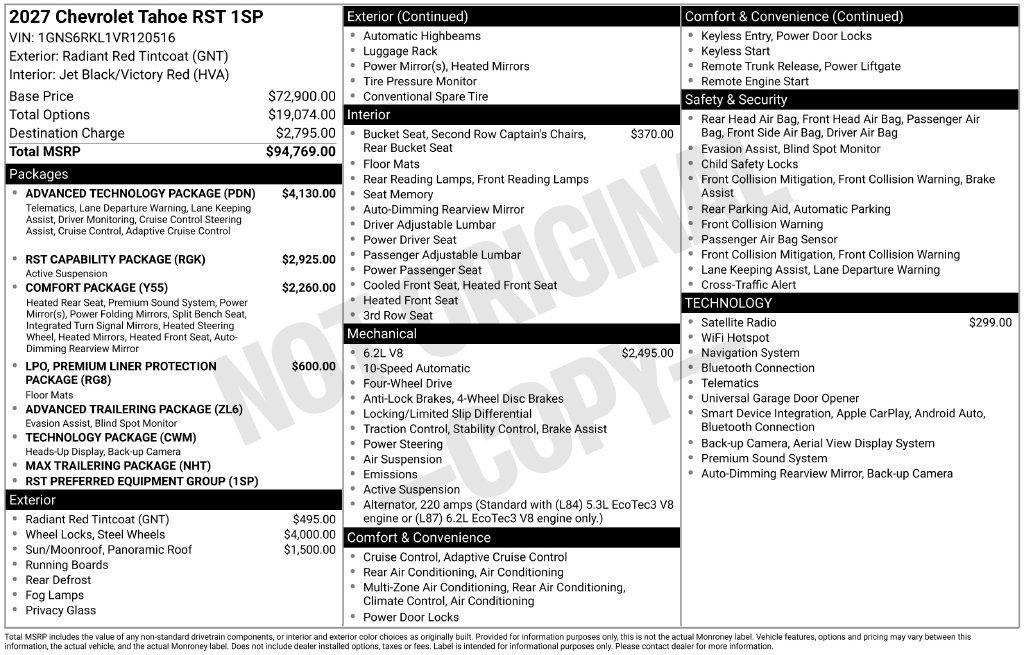 New 2027 Chevrolet Tahoe RST w/ Advanced Technology Package AWD/4WD image 2
