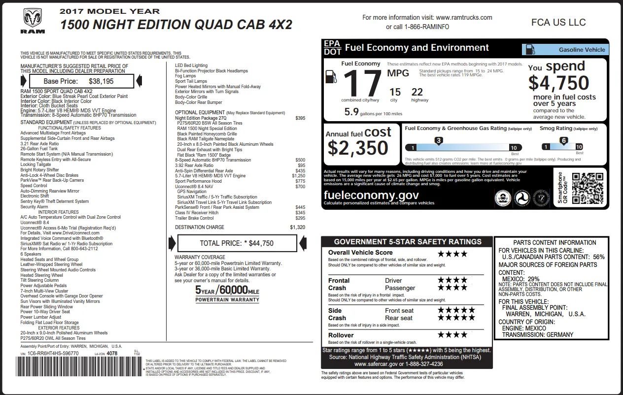 Used 2017 RAM 1500 Sport w/ Quick Order Package 27Q Night RWD image 38