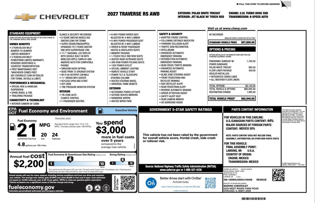 New 2027 Chevrolet Traverse RS w/ LPO, Floor Liner Package AWD/4WD image 2