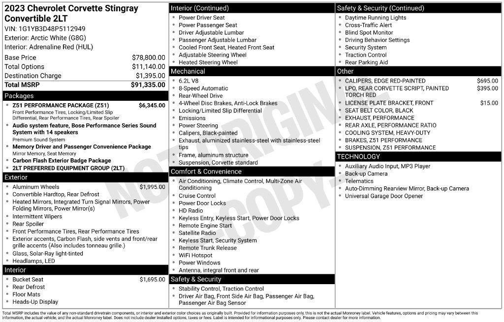 Used 2023 Chevrolet Corvette Stingray Preferred Conv w/ Z51 Performance Package RWD image 35