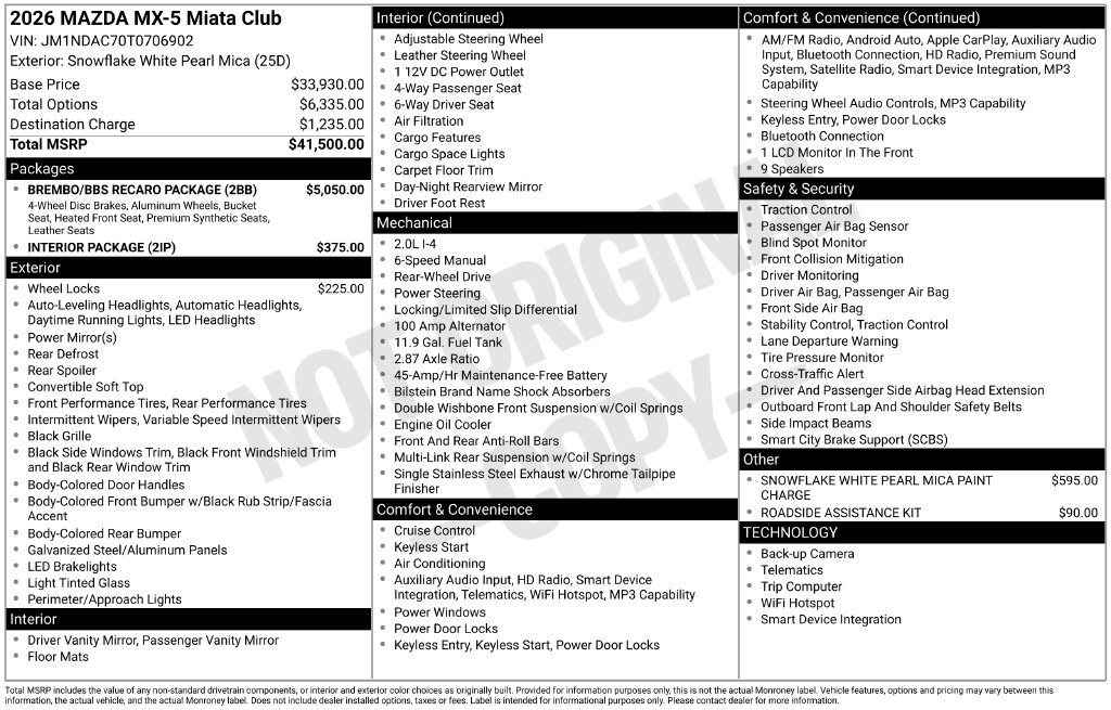New 2026 MAZDA MX-5 Miata Club w/ Brembo/BBS/Recaro Package RWD image 3