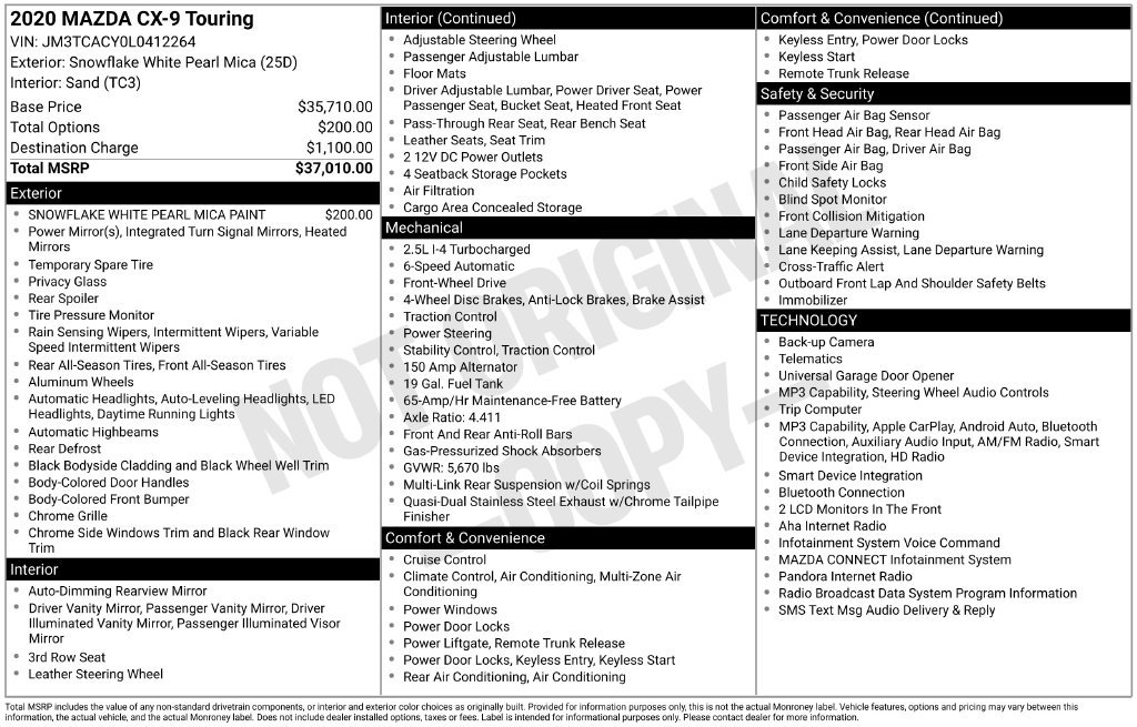 Used 2020 MAZDA CX-9 Touring FWD image 1
