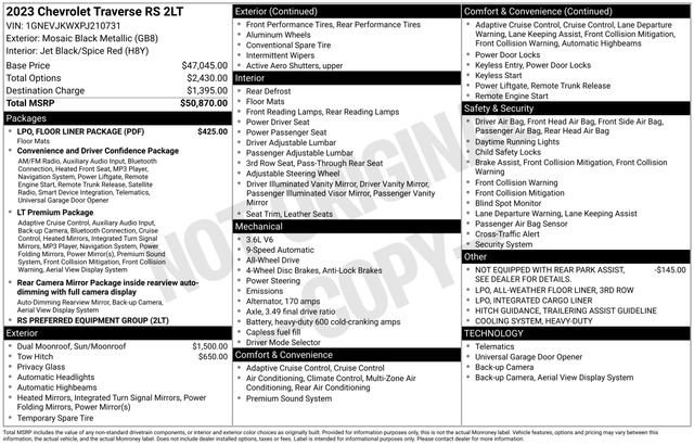 Certified 2023 Chevrolet Traverse RS w/ LPO, Floor Liner Package AWD/4WD image 2