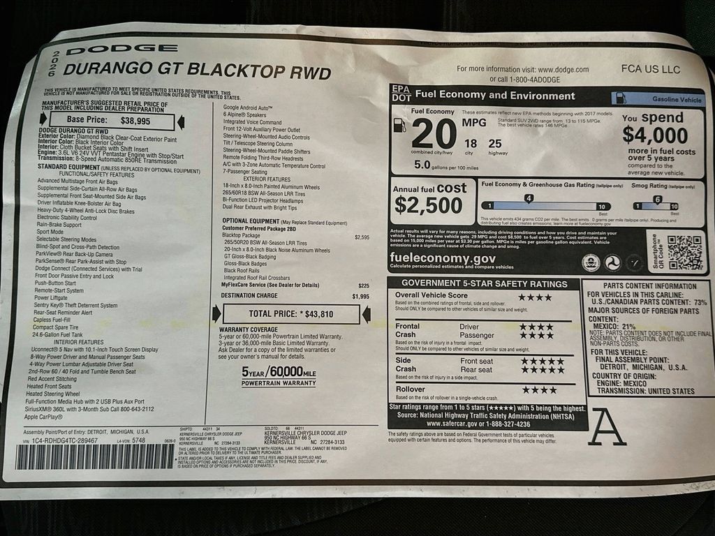 New 2026 Dodge Durango GT w/ Blacktop Package RWD image 20