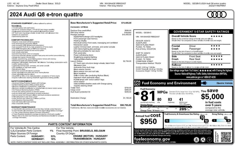 Used 2024 Audi Q8 e-tron Premium Plus w/ Prestige Package AWD/4WD image 5