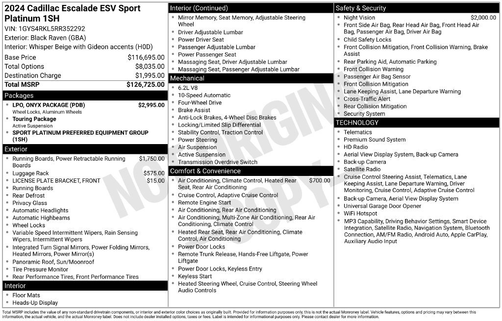Used 2024 Cadillac Escalade ESV Sport Platinum w/ LPO, ONYX Package AWD/4WD image 18