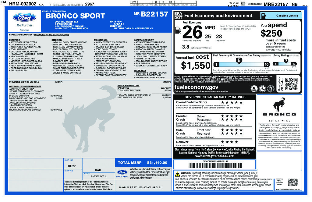 Certified 2021 Ford Bronco Sport Big Bend w/ Big Bend Package (96B) AWD/4WD image 32