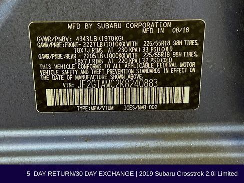 Used 2019 Subaru Crosstrek 2.0i Limited w/ Moonroof Package image 39