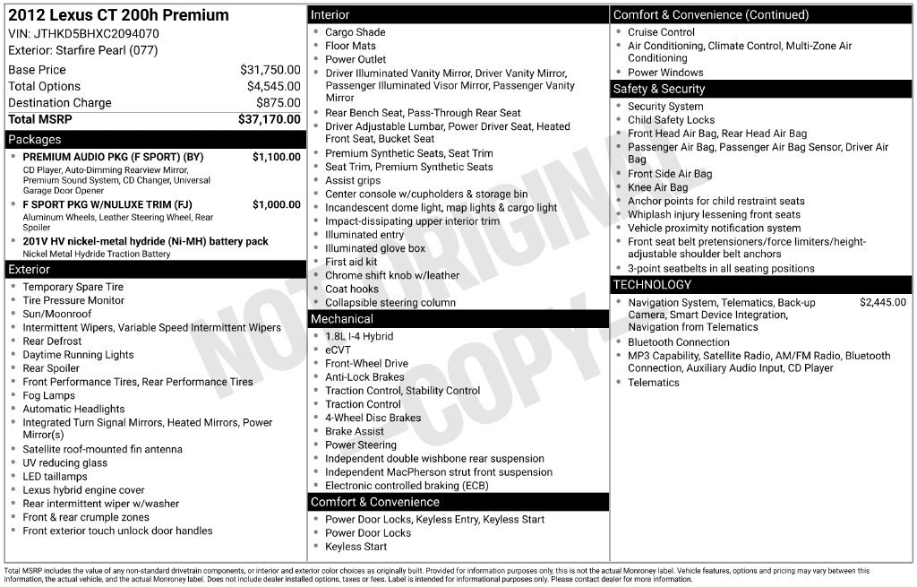Used 2012 Lexus CT 200h Premium w/ Premium Audio Pkg (F Sport) FWD image 3