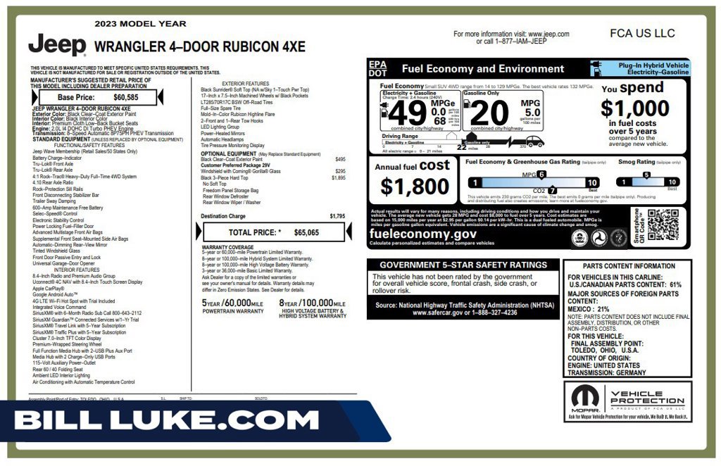 Used 2023 Jeep Wrangler Unlimited Rubicon 4xe AWD/4WD image 1