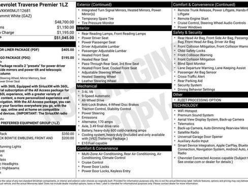 Used 2021 Chevrolet Traverse Premier w/ LPO, Floor Liner Package AWD/4WD image 6