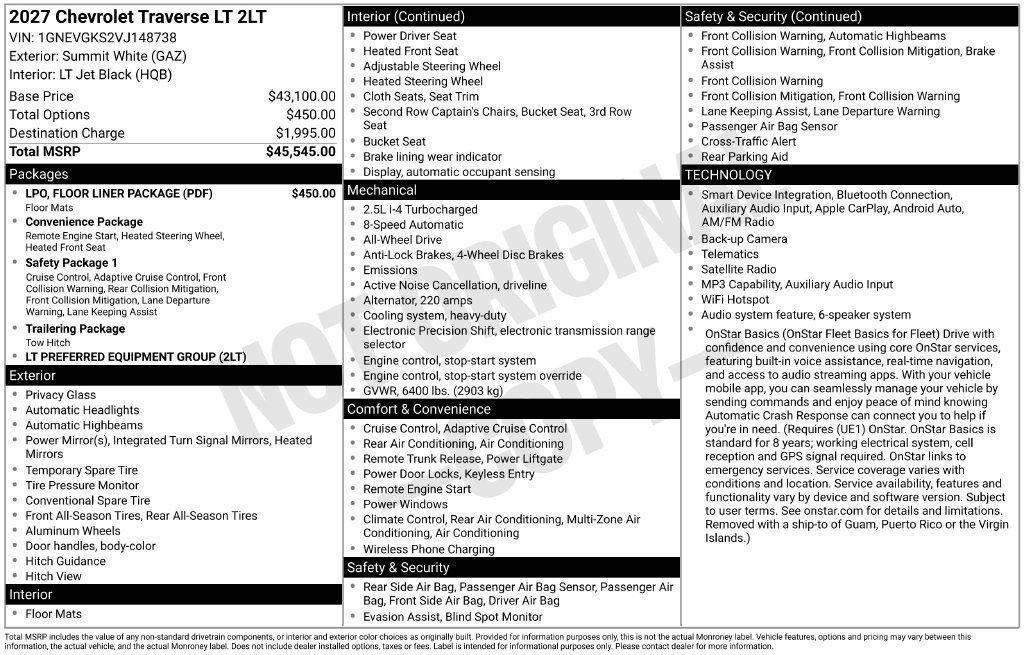 New 2027 Chevrolet Traverse LT w/ LPO, Floor Liner Package AWD/4WD image 10