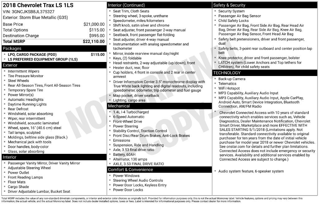 Used 2018 Chevrolet Trax LS w/ LPO, Cargo Package FWD image 10