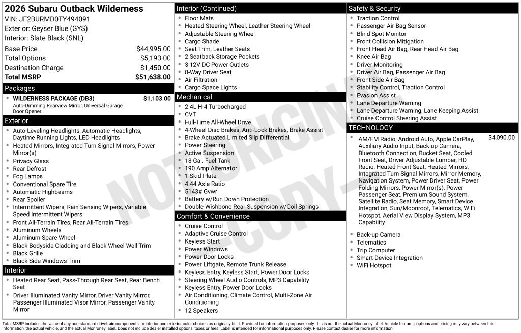 Certified 2026 Subaru Outback Wilderness w/ Wilderness Package AWD/4WD image 6