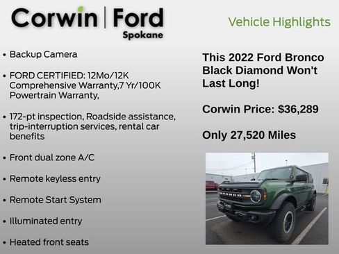 Used 2022 Ford Bronco Black Diamond w/ Sasquatch Package image 3