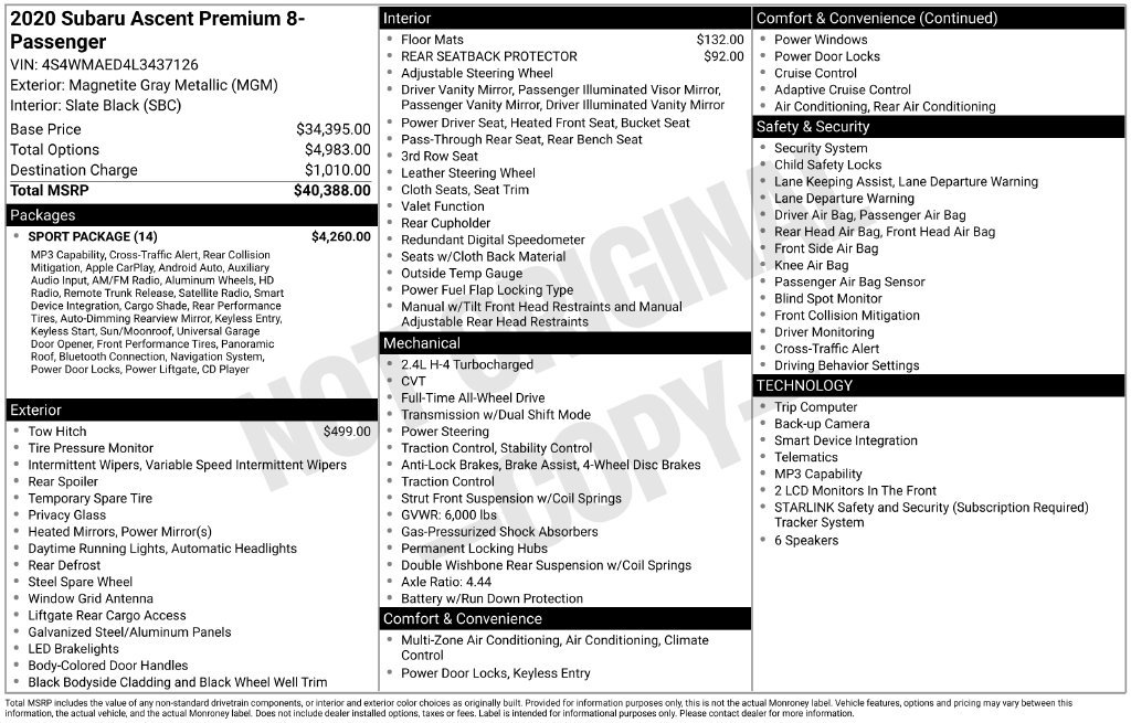 Used 2020 Subaru Ascent Premium w/ Sport Package AWD/4WD image 17