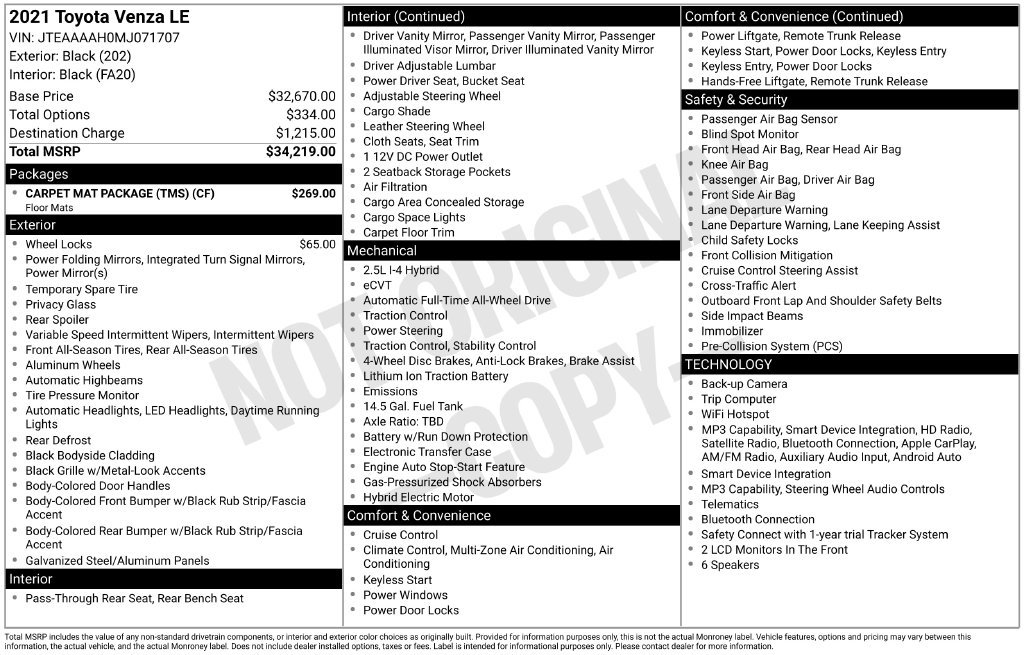 Used 2021 Toyota Venza LE w/ Carpet Mat Package (TMS) AWD/4WD image 18