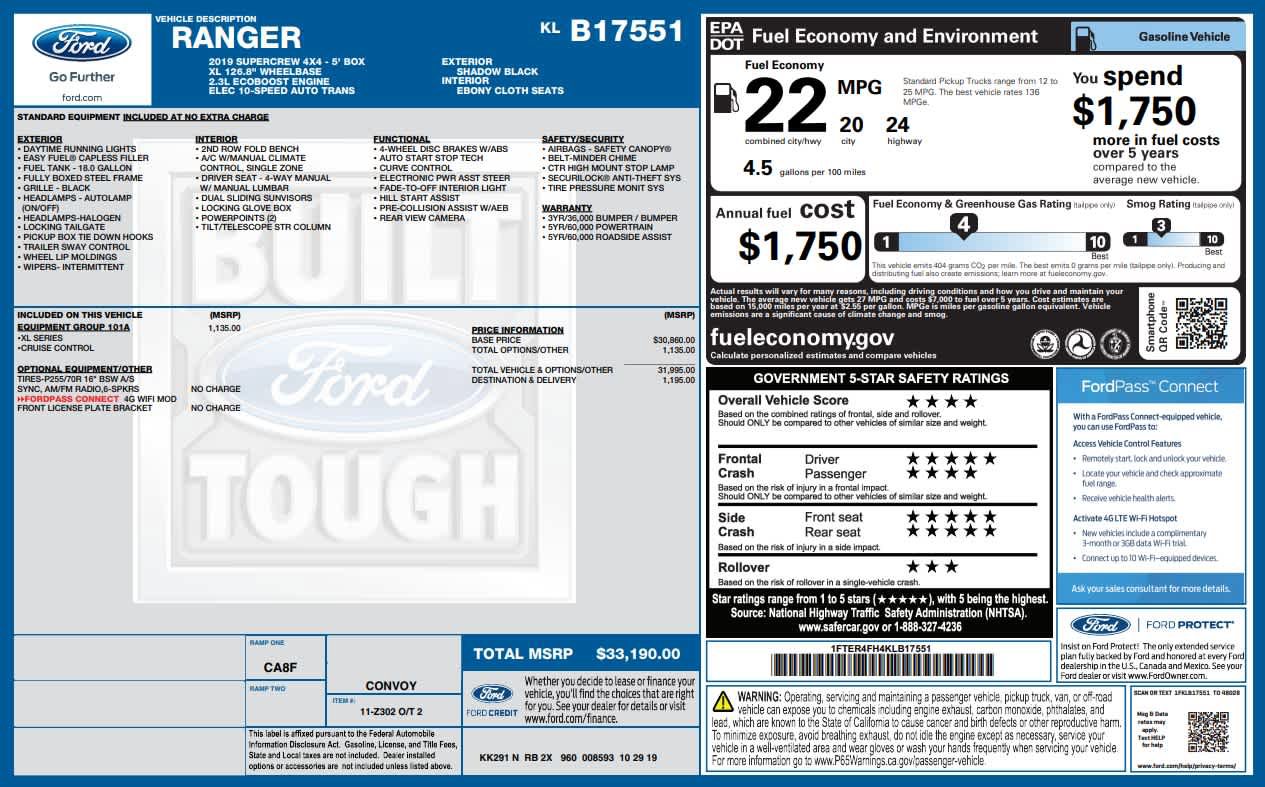 Used 2019 Ford Ranger XL w/ Equipment Group 101A Mid AWD/4WD image 25