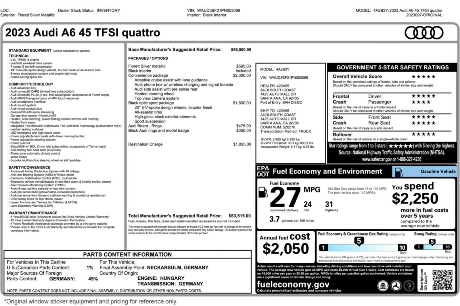 Used 2023 Audi A6 2.0T Premium w/ Convenience Package AWD/4WD image 2