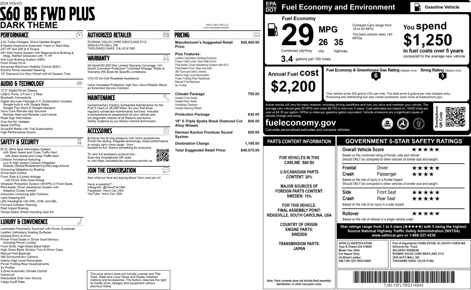 Used 2024 Volvo S60 B5 Plus w/ Climate Package FWD image 57