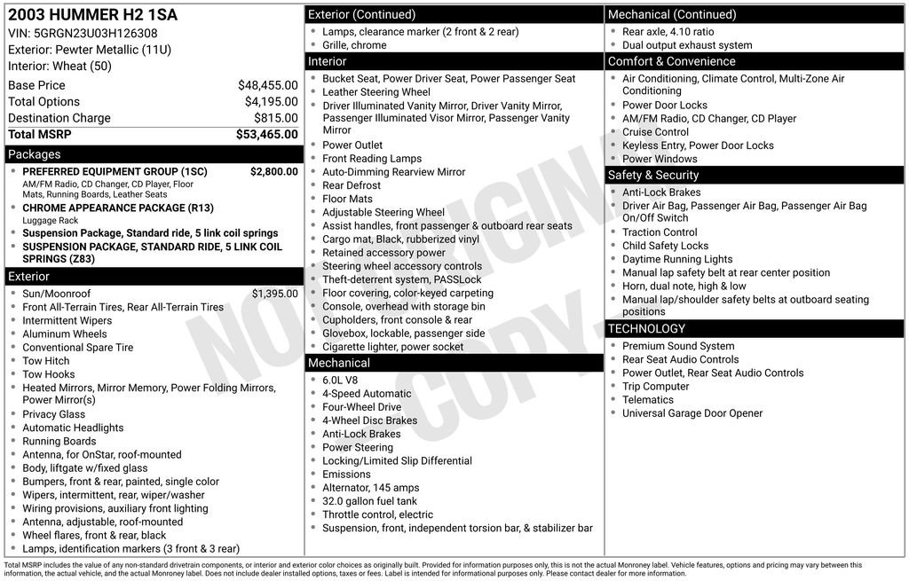 Used 2003 HUMMER H2 w/ Preferred Equipment Group AWD/4WD image 2