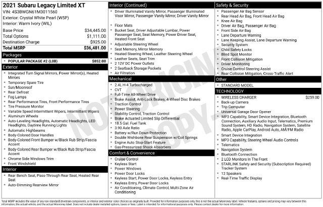 Used 2021 Subaru Legacy Limited XT w/ Popular Package #2 AWD/4WD image 9