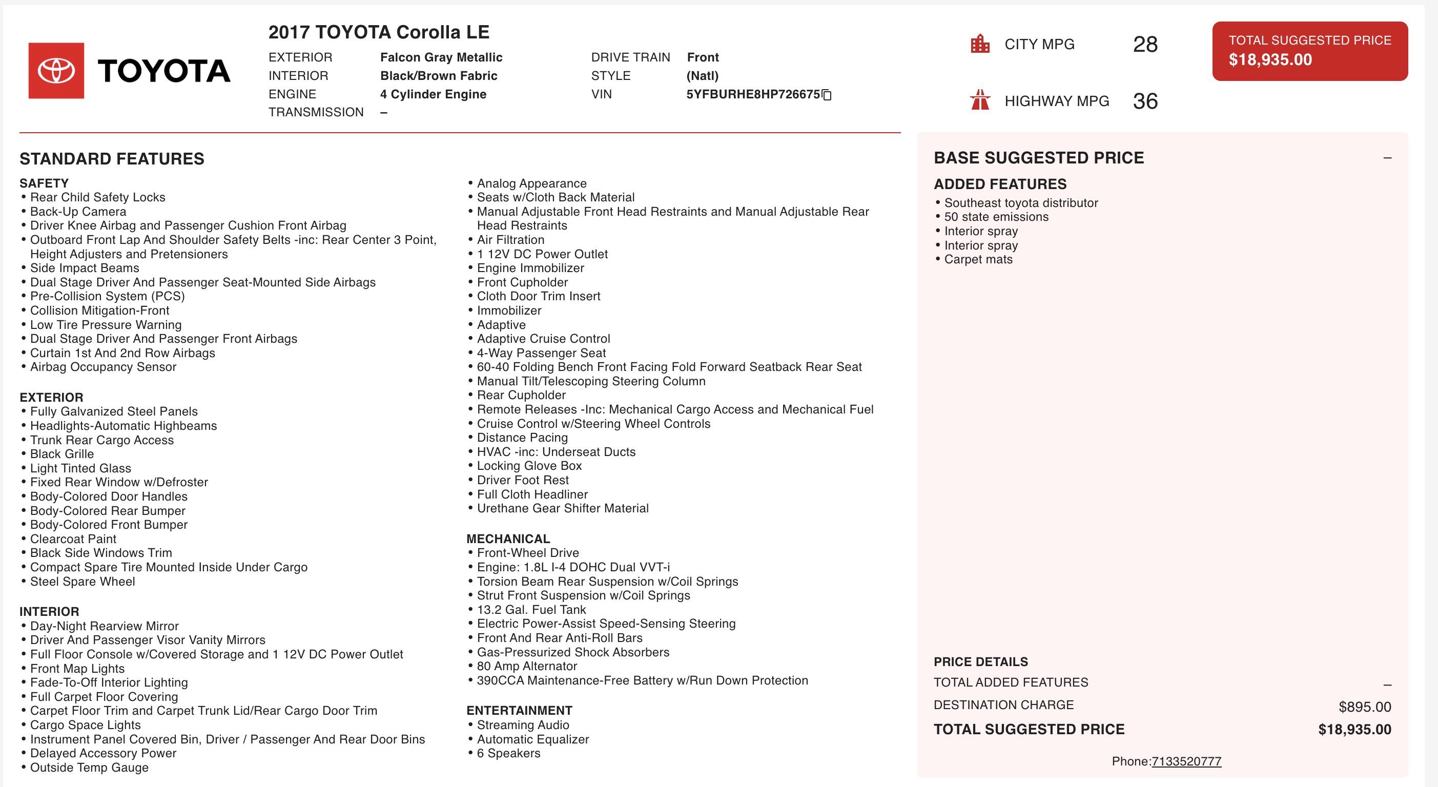 Used 2017 Toyota Corolla LE FWD image 2