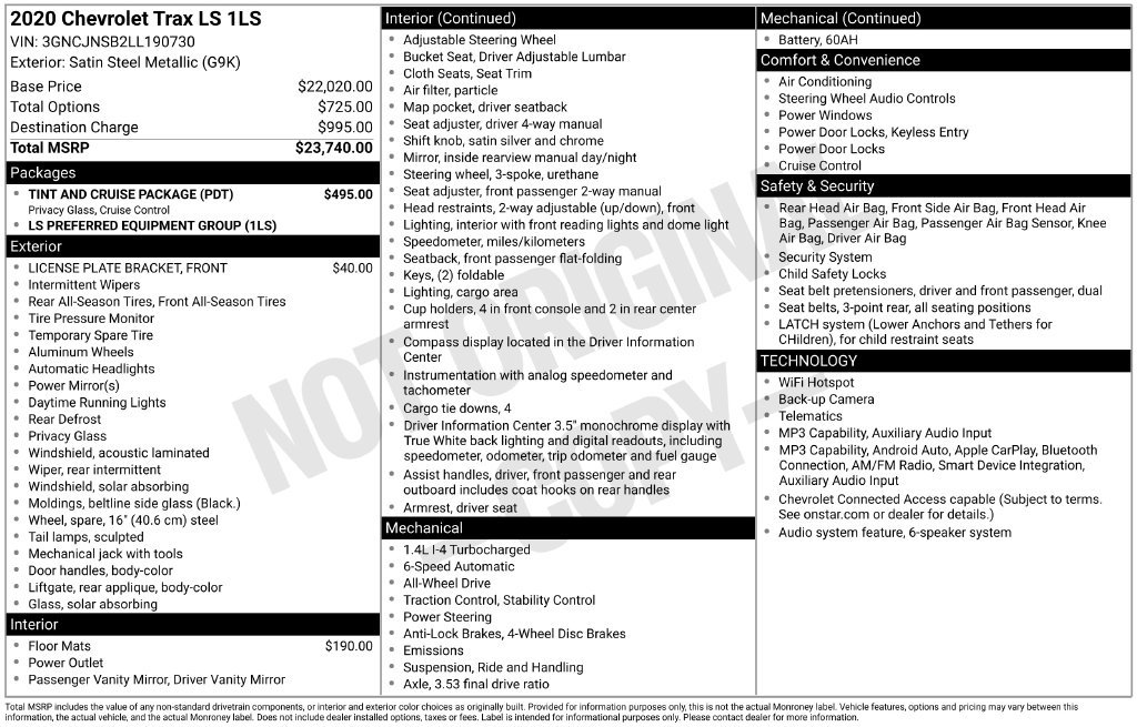 Used 2020 Chevrolet Trax LS w/ Tint and Cruise Package AWD/4WD image 32