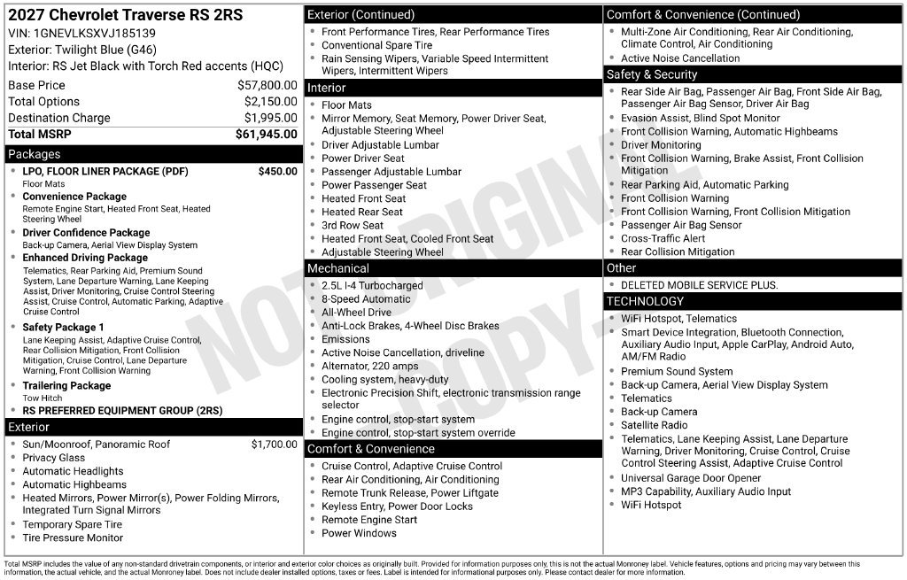 New 2027 Chevrolet Traverse RS w/ LPO, Floor Liner Package AWD/4WD image 4