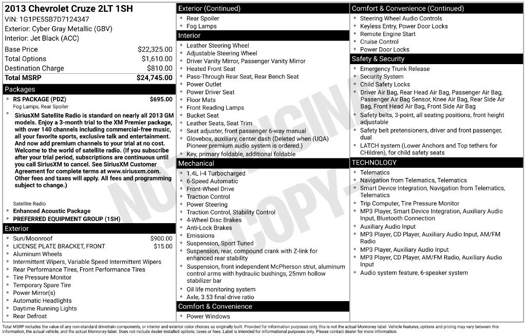 Used 2013 Chevrolet Cruze LT w/ RS Package FWD image 33